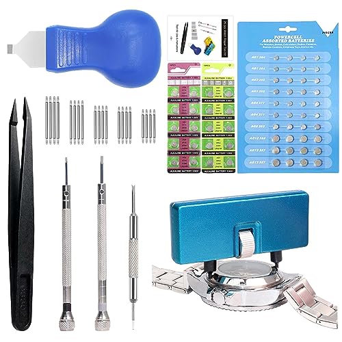 Watch Battery Replacement Tool Kit, GLDCAPA Watch Repair Kit, Watch Back Remover Tool, Watch Case Opener Tool, Watch Case Opening Pry, Spring bar, Tweezers with 60pcs Watch Batteries