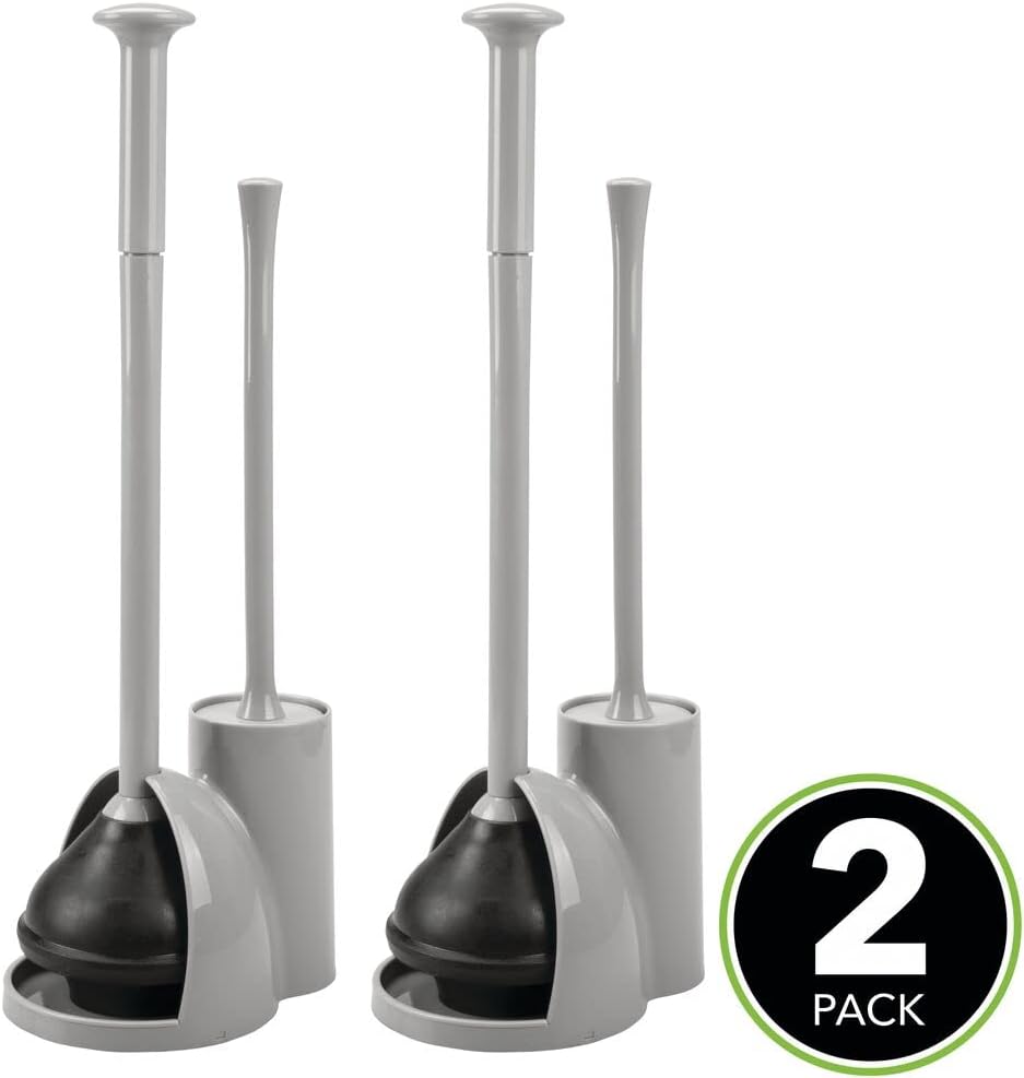 Bеѕt Dеаl mDesign Modern Slim Compact Freestanding Plastic Toilet Bowl Brush Cleaner and Plunger Combo Set Kit with Holder Caddy for Bathroom Storage and Organization - Covered Lid Brush, 2 Pack - Gray