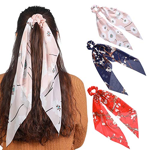 AWAYTR Chiffon Ponytail Hair Scarf Scrunchies - 3 Packs Flower Cashew Leopard Ripple Point Elastic Hair Ties Bow for Women (Pink + White Flower/Red + White Flower/Navy + White)
