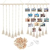 【Design unique】 Ce collage de cadre photo avec ornement en lin et pompon suspendu en décalage ajoute un style bohème flexible à votre maison pour accrocher des photos et des cartes postales