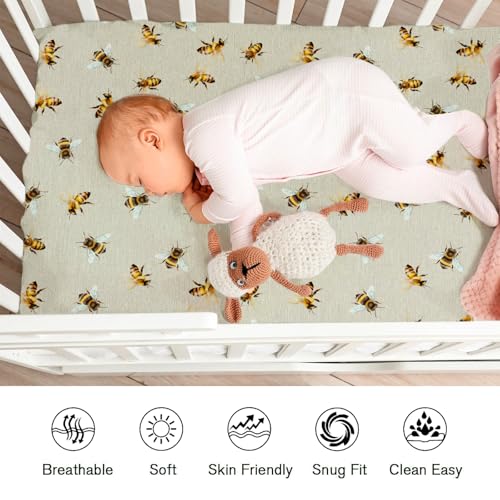 Image of Vintage Bees Crib Sheets for Girl Boy 52 inchx28 inch Sweet Bee Soft Breathable Crib Mattress Covers Honey Bees Baby Sheets for Standard Crib and Toddler Mattress Pads Spring Garden Fitted Bed Sheets