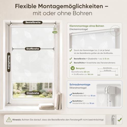 Sekey Lichtdurchlässig Rollo ohne Bohren Seitenzugrollo 100x200cm – Ansicht 3