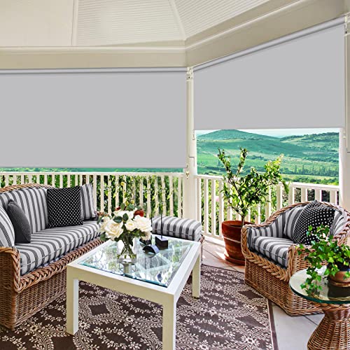 ZY Blinds Exterior Blackout Cordless Window Blinds, Waterproof Light Grey Fabric Outdoor Roller Shades, UV Protection Pull Shade Privacy Screen for Deck, Porch, Balcony, Backyard