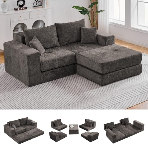 Image of 79 inch Boneless Cloud Loveseat Sofa Couch, Modular Tufted Foldable Floor Sofa with Ottoman, Chenille Lounge Convertible Sofa Bed for Living Room, No Assembly, Brown