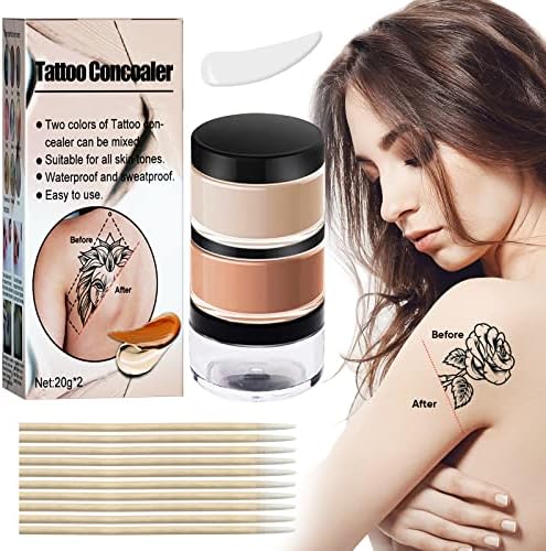 Tattoo Cover Up, Waterproof Makeup Cover Cream with Full Coverage Colors, Invisible Skin Concealer Set for Tattoo, Scars, Vitiligo and Dark Spots, Use on Body (2×0.7 ounce)