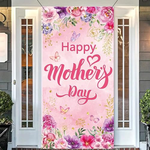Mothers Day Decorations Banner Happy Floral Background Elegant Butterfly And Floral Designs Mothers Day Party Outdoor Ideal Photo Backdrops for Gatherings Decorations 180x90cm