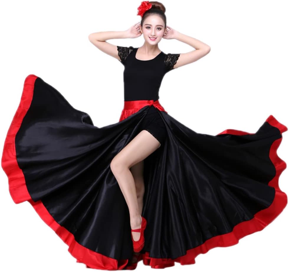 Black Red Spanish Flamenco Belly Dance Skirt Full Circle Long Satin Gypsy Mexico Folklorico Dance Costume
