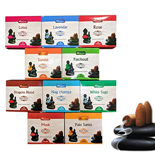 Aromatika Backflow Natural Incense Cones 12 Packets Total 120 pcs of 10 fragrances