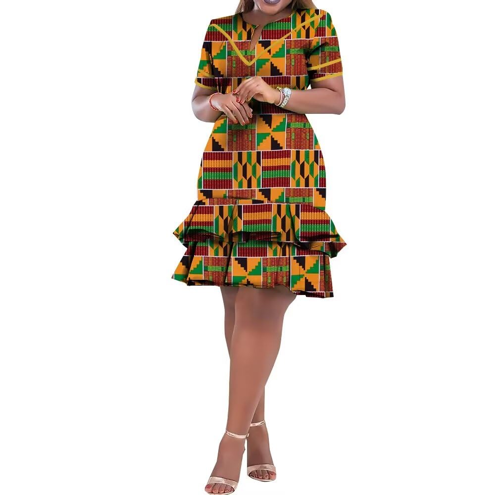 BAZINRICHE African Dresses for Women Bazin Riche Ankara Clothing Short Sleeve Dress Wax Print