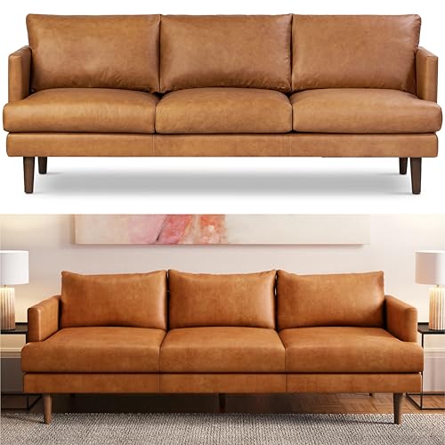 Image of POLY & BARK Girona 88 inch Sofa - Cognac Tan Full-Grain Pure-Aniline Italian Leather, Feather-Down Cushions, Kiln-Dried Solid Wood Frame, Walnut Legs