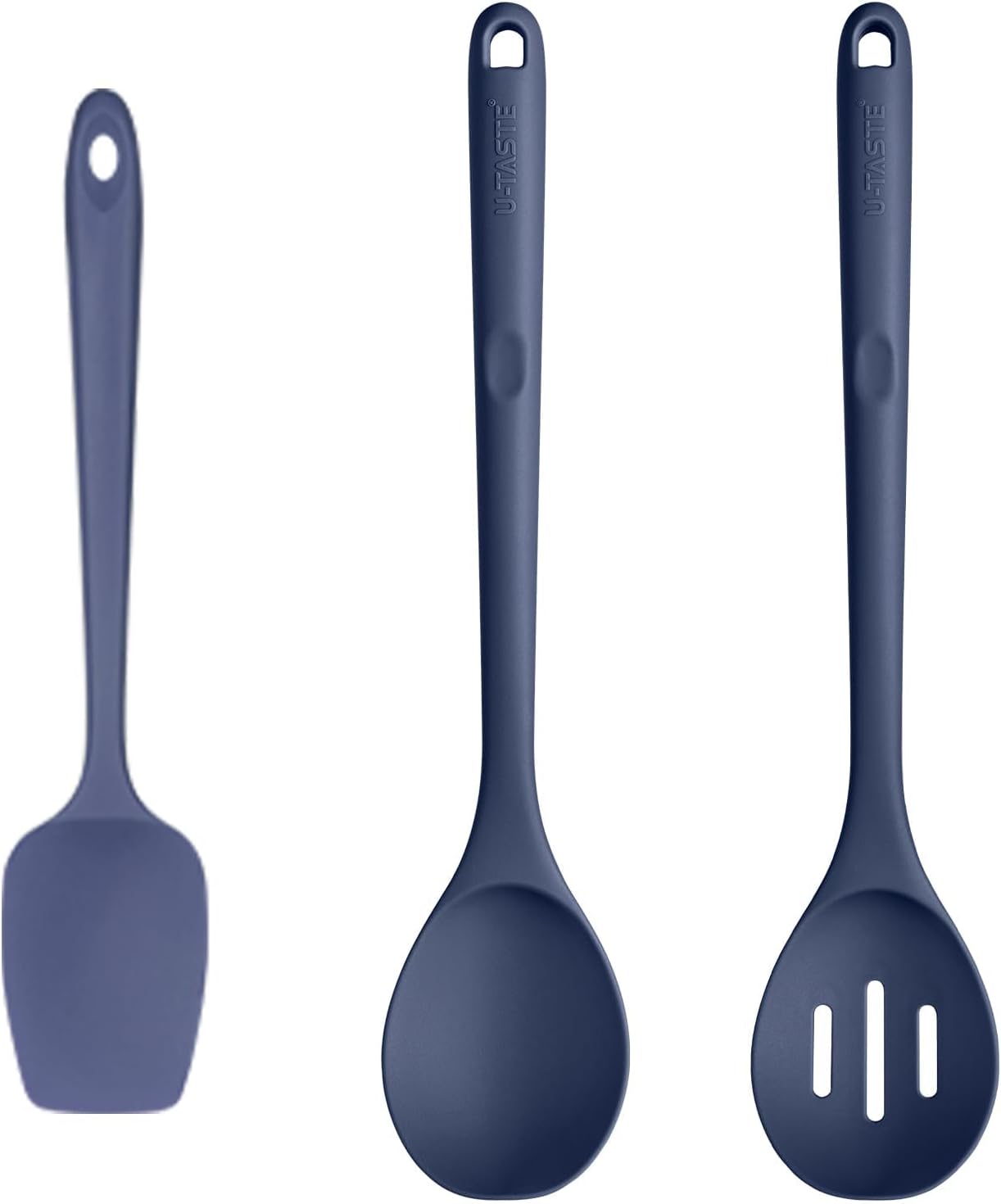 U-Taste 600ºF Heat Resistant BPA Free Silicone Spoon Spatula 1 Piece (Midnight Blue), and 600℉ Heat Proof Long Non-Scratch Silicone Solid & Slotted Set of 2 Cooking Spoon for Mixing (Midnight Blue)
