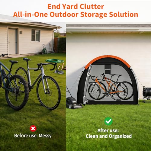 Image of Bike Storage Tent with Rain Cover & Mesh Window, PU5000 Waterproof Bike Shed for 2 Bikes, Portable Outdoor Storage Shelter for Bicycle, Motorcycle, Lawn Mower, Garden Tools (6.6x2.6x5.6FT)