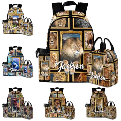 Animal Print Personalied Boys Backpack Lunch Bag Set with Name, Custom Lion Tiger Print School Bookbag for Preschool Kindergarten, Charming Gift for School & Outdoor Adventures