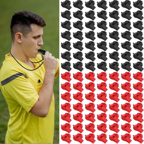 Mototo 100 PCS Plastic Whistle for Coach with Lanyard Loud Crisp Sound Sports Referee Whistle Multicolor Bulk for Adults Coaches Referees Teachers Officials Polices, Red Black