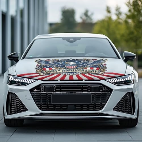 Image of Eagle American Flag Emblem 250th Anniversary Pattern Car Hood Cover 59.05 inch x 39.37 inch Auto Flag Hood Cover for Trucks SUV Van, Polyester Car Bonnet Banner with Stretchable Band