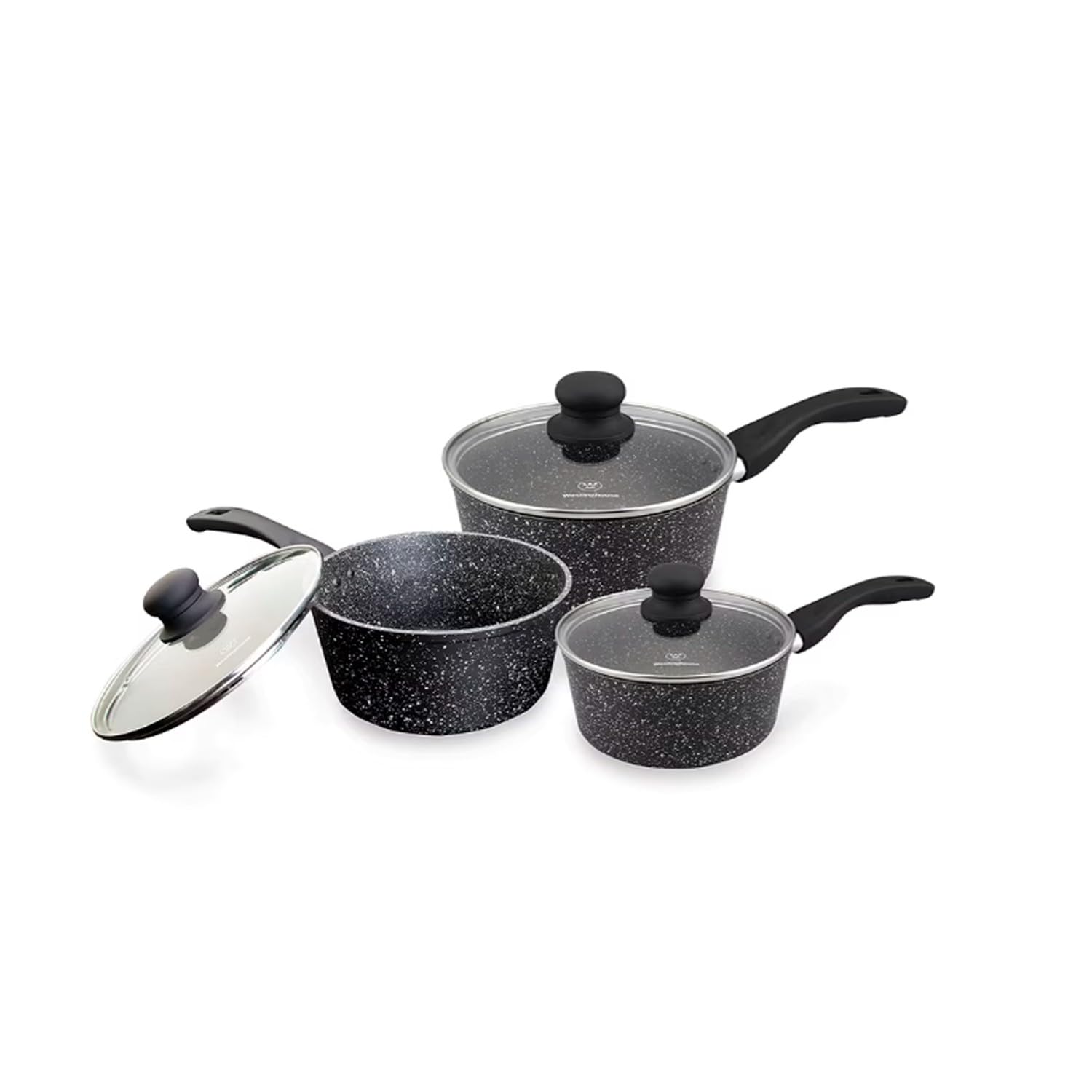 Westinghouse Batería de Cocina Antiadherente Mármol Negro 6 Piezas, Ollas 16, 18 y 20 cm con Tapa, Aluminio Forjado sin Aceite, Cocina Saludable, Apta para estufas de Inducción, Gas y Eléctrica
