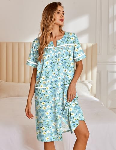 Image of Ekouaer Nightgowns for Women House Dress with Pockets Snap Front House Coat Short Sleeve Duster Moo Moos Sleepwear S-3XL