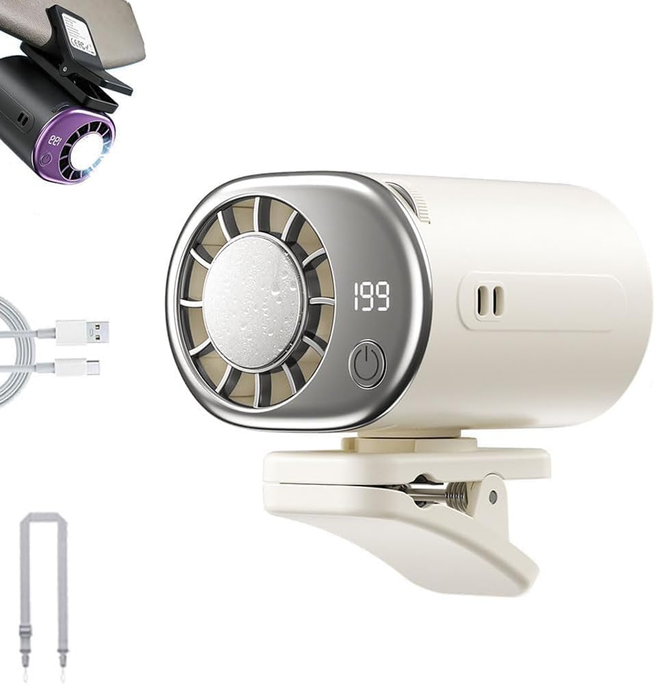 ypsdfs Portable Fans Rechargeable, 16℃ Cooling Car Air Conditioner & 360° Rotation Clip On Fan for Desk Camping,White