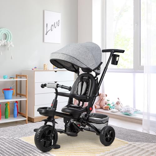 Triciclo infantil 6 en 1 con barra deslizante, asiento giratorio ajustable y toldo plegable UV, de 9 meses a 5 años, con neumáticos, cinturón de seguridad, soporte para bebidas