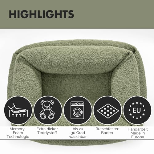 PAW WOW Sven Hundebett | Orthopädisches Hundebett | Teddy-Stoff | Hundekörbchen für kleine, mittelgroße und große Hunde (Olive, 85x65cm)