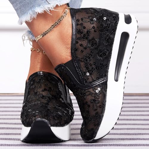 Fashion Sneakers for Women 2025, Floral Embroidery Breathable Sheer Mesh Lace Slip on Platform Wedge Sneakers Lightweight Comfortable Casual Walking Shoes3