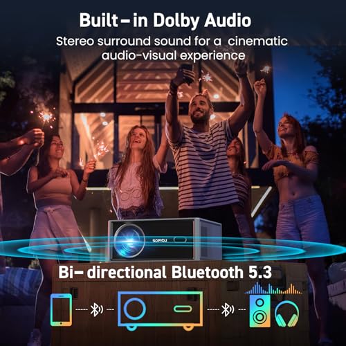 Image of SOPYPOU Smart Projector with WiFi and Bluetooth, Netflix Included, 1080P & 4K Support, Short Throw 1.1:1 for Bedroom, Dorm & Apartment, Dolby Audio, E-Focus, Pre-installed YouTube, Prime Video Apps