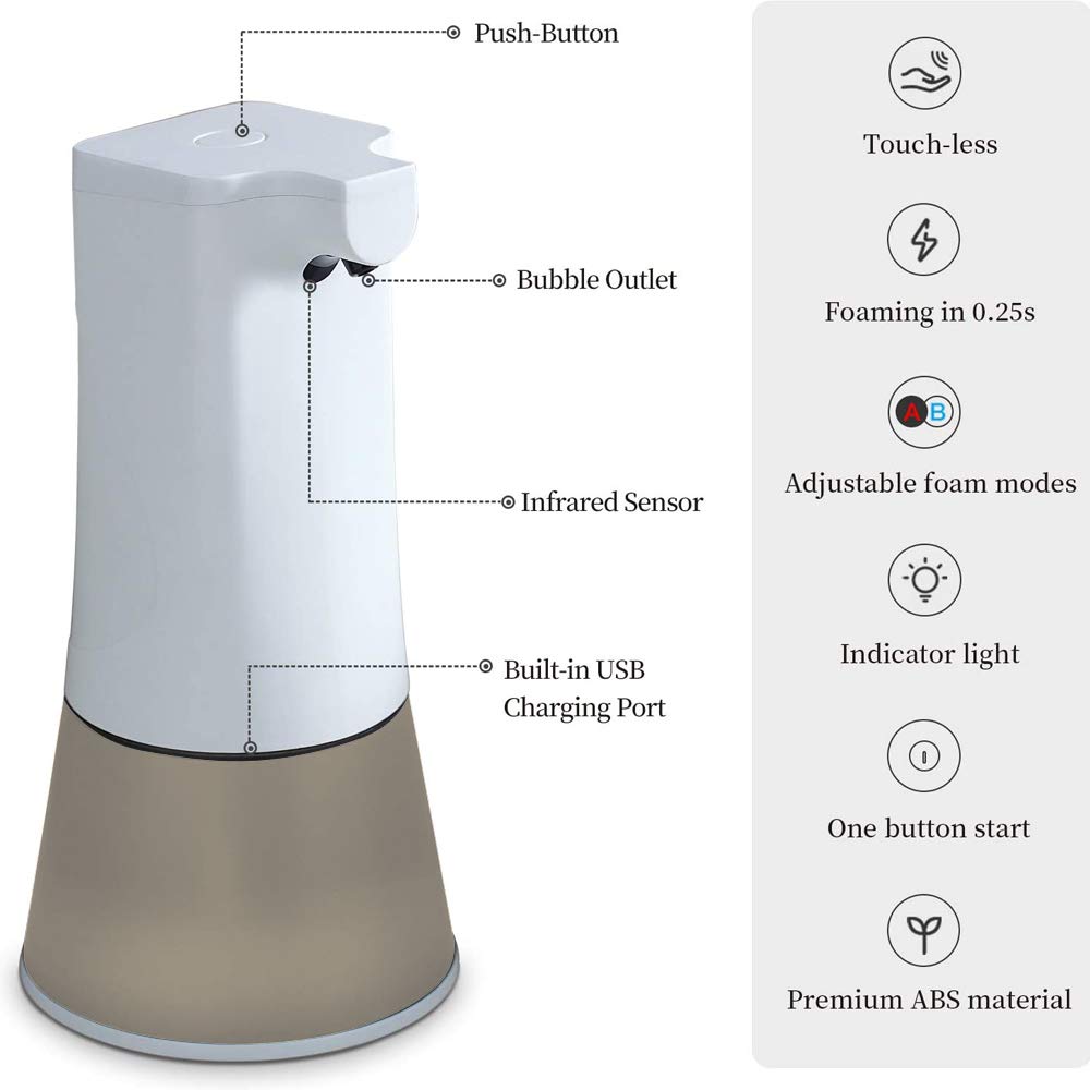 Fayelong Dispenser di Sapone per Mani Senza Schiuma con Sensore Automatico di Erogatore di Sapone Senza Set per Lavello del Bagno della Cucina (Tipo: Carica USB)