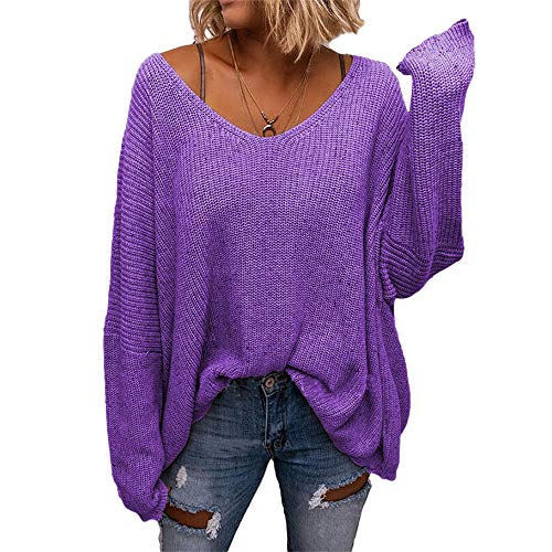 Image of BZB Women's V Neck Long Sleeve Knit Loose Oversized Pullover Sweater Top