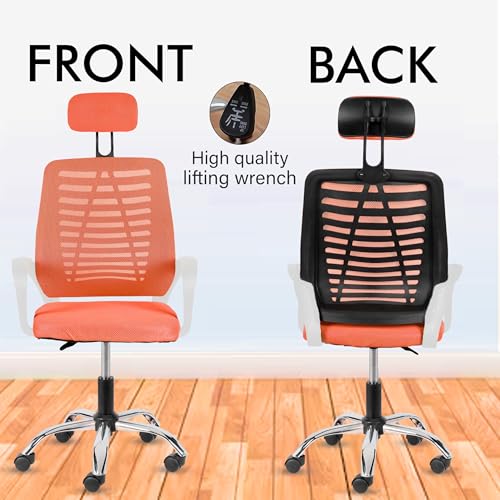 Image of Casa Copenhagen,Mesh Office Desk Chair,Rocking Ergonomic Computer Chair Adjustable High with Headrest and Comfortable Armrest Swivel - Orange & White Handle