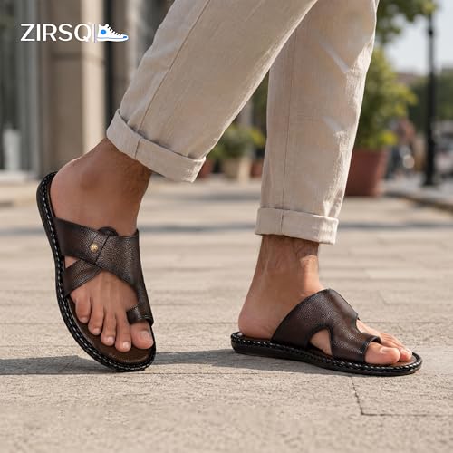 Image of Men's Sandal, Suede Synthetic Leather, Slip On, Adjustable Strap, Classic Style, Buckle Closure, Casual Ethnic Toe-Ring Slipper