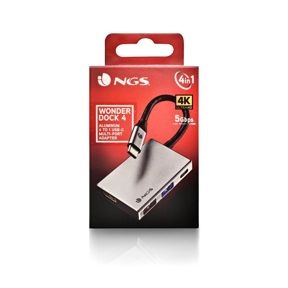 NGS WONDER DOCK 4 - 4 w 1, hub typu USB-C, adapter wieloportowy (USB 3.0, USB 2.0, USB-C, HDMI). Kompatybilny z: MacBook Pro, MacBook Air, iPAd Pro, XPS, Chromebook oraz innymi urządzeniami wyposażonymi w USB-C