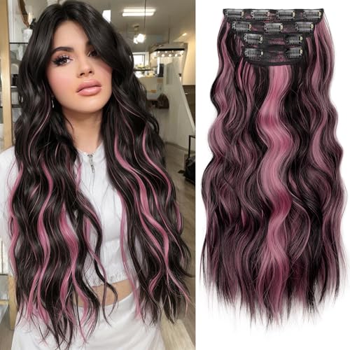 Image of KooKaStyle Wavy Thick Clip in Hair Extensions 20 inch Natural Black Pink | 4 Pieces Clip in Extensions,Fiber Double Weft Hairpieces,Natural Volume,Beach Wave Long Synthetic Hairpieces for Women