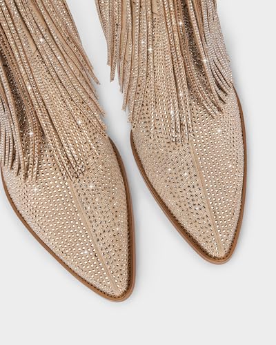 Image of Ouepiano Cowboy Boots for Women - Cowgirl Rhinestone Boots with Sparkly Fringe Pointed Toe Western Boot Chunky Heel Pull-On Wide Calf Botas Vaqueras