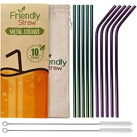 Friendly Straw 10 Pack 10.5" x .25" Reusable Metal Straws, 5 Straight 5 Elbow Stainless Steel Drinking Straws With Free Brushes and Pouch (Blended Finish) Cover