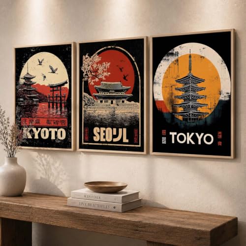Image of kotart Japanese City View Wall Framed Posters | Aesthetic Japan Theme City View Framed Poster for Living Room Bedroom Gaming Room Studio Wall Decor Set Of 3 (20x30 Inch)