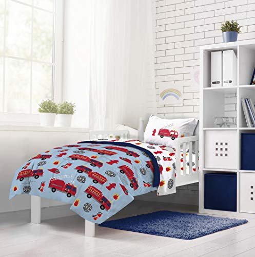 Image of Trend Collector Fire Truck Toddler Comforter Set 4 Piece Bedding, Blue | Bed in a Bag, Comforter Sheets Pillowcase, Official Brand, Soft Microfiber, Machine Washable, Easy Care, Boys Gift