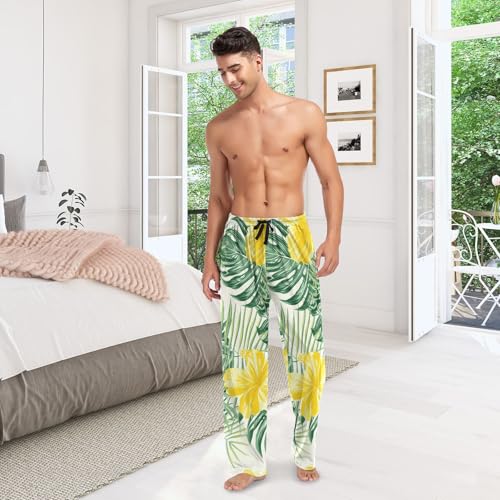 Men's Pajama Pants Yellow Hibiscus Palm Leaf Sleep Pajama Lounge Pant with Pockets, Elastic Waistband 6