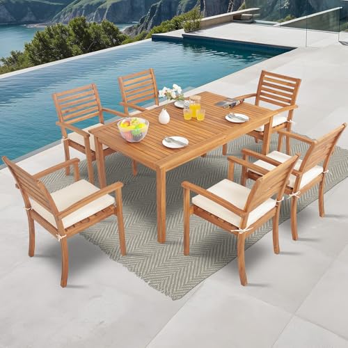 Olaterior 7 Piece Patio Dining Set, Outdoor Acacia Wood Dining Table and Chair Set for 6, Expandable Rectangular Table & 6 Stackable Dining Chairs with Soft Cushions for Lawn, Garden, Backyard, Cream Olaterior 7 Piece Patio Dining Set, Outdoor Acacia Wood Dining Table and Chair Set for 6, Expandable Rectangular Table & 6 Stackable Dining Chairs with Soft Cushions for Lawn, Garden, Backyard, Cream