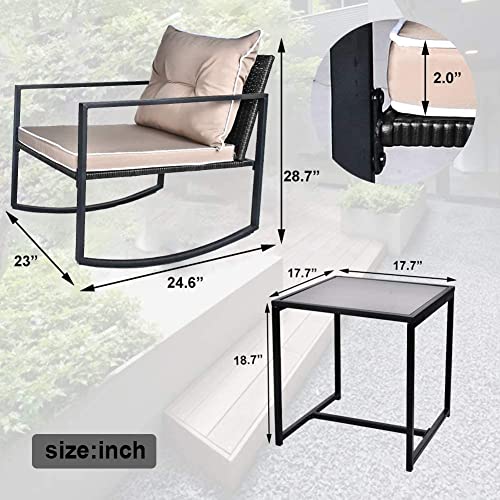 Usserenay 3 Pieces Patio Rocking Wicker Bistro Set - Outdoor Patio Furniture Sets - Bistro Set Rattan Chair Set With Two Chairs, Coffee Table, Cushions (Black Rattan&Khaki Cushion) #TOP1