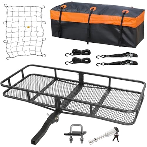 WEIZE Folding Hitch Mount Cargo Carrier Basket 60" x 20" x 6" with Waterproof Bag, Net, Strap, 2-Inch Folding Shank, 500 lbs Capacity Hitch Rack, Steel Construction