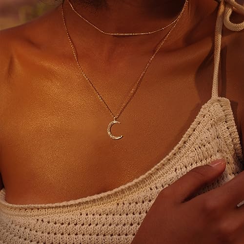 Image of Fettero Pendant Necklace Gold Choker Layered Coin Open Karma Circle Full New Crescent Moon 14K Gold Plated Simple Dainty Necklaces for Women Jewelry Gift