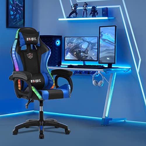Video Gaming Chairs with LED Gentle,Seven Level Therapeutic massage Ergonomic Excessive Again PU Swivel Sport Chair Gaming Chairs for Teenagers with Retractible Footrest and Backrest Adjustable, Black