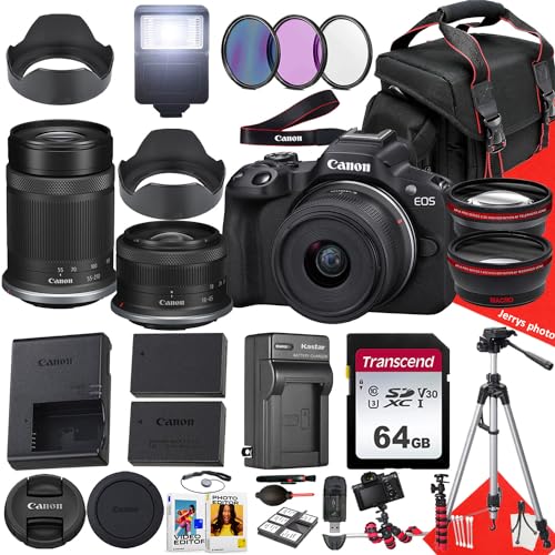 Canon EOS R50 Mirrorless Camera with 18-45mm and 55-210mm Lens + 64 GB Memory + Hood + Extra Battery + Filters + Tripod + More (30pc Bundle), Black (Renewed)
