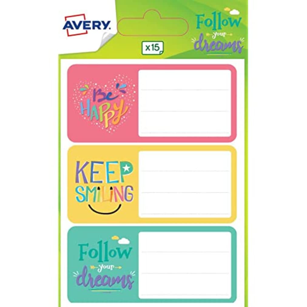 Avery - Etiquetas escolares (15 etiquetas, color rosa, amarillo, verde, 76 x 34 mm)