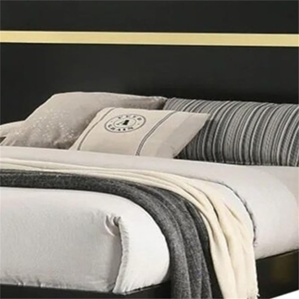 Pemberly Row Full Size Bed, Matte Black Finish, Engineered Wood and Metal, Gold Acrylic Trim Panel Headboard, Underbed LED Lighting, Bracketed Metal Legs, Contemporary Bedroom Furniture