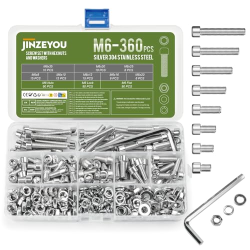 360 Stk M6 Schrauben Set, Sechskantschrauben Muttern Set, Edelstahl Zylinderschrauben Innensechskant Schrauben mit Muttern und Unterlegscheiben Set, Maschinenschrauben Gewindeschrauben Sortiment