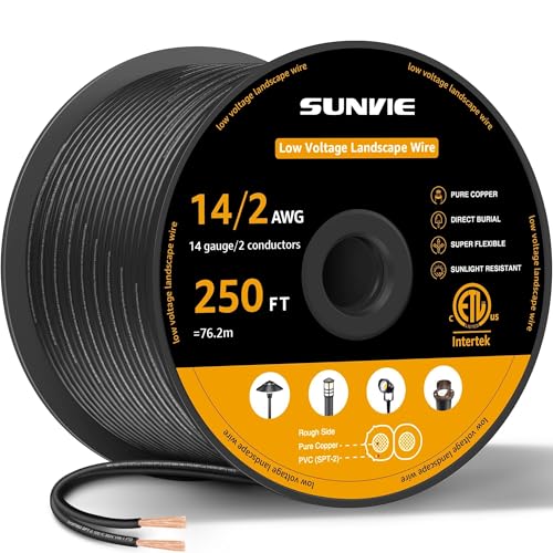 SUNVIE 14/2 Low Voltage Landscape Lighting Wire 250FT with Spool Outdoor Landscape Cable 14 Gauge 2 Conductors Low Voltage Wire for Landscaping Lights ETL Listed Pure Copper Outdoor Direct Burial