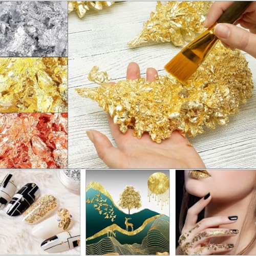 Image of Oytra Gilding Flakes Silver and Gold Metallic Foil Leaf Paper Flakes Set of 3 Color Packets DIY Art Craft Materials for Resin Nail Art Cake Decoration Painting Soap Making Supplies for Beginners Artists