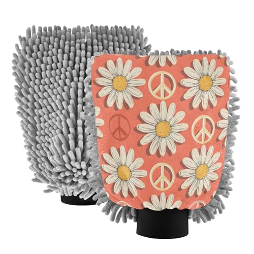 ALAZA Daisy Flower Peace Symbol Car Wash Mitt Scratch Free, 2 Pack Absorbent Microfiber/Chenille Washing & Drying Mitts, L