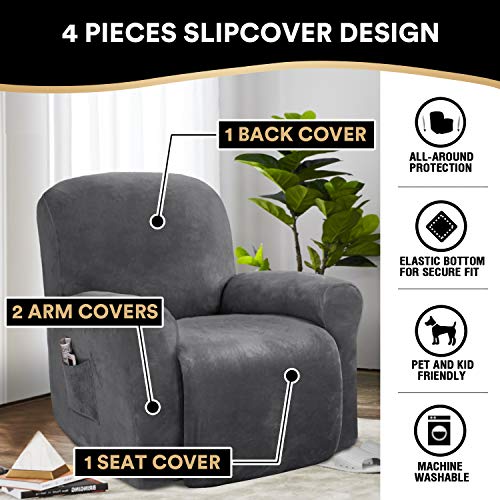 Stretchy Grey Velvet Recliner Chair Cover (4 Pieces)